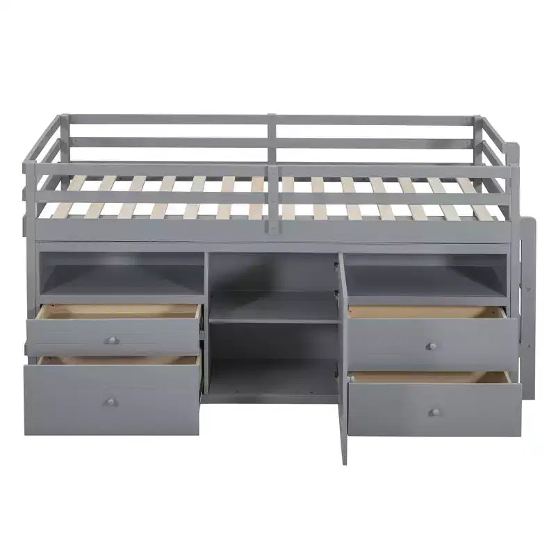 Twin Size Low Loft Bed for Kids, Wood Twin Loft Bed with Storage Drawers, Underneath Cabinet and Shelves