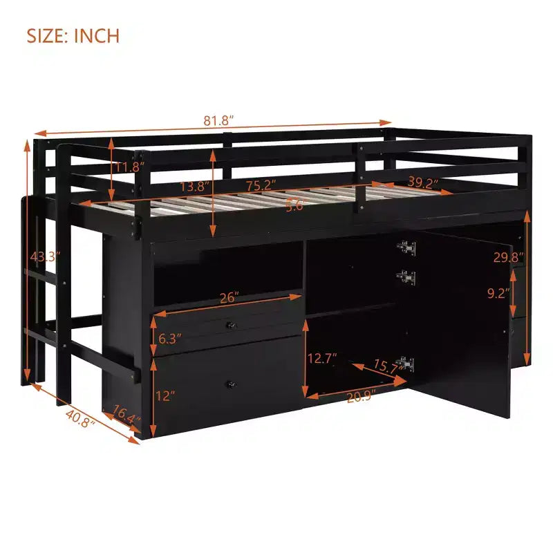 Twin Size Low Loft Bed for Kids, Wood Twin Loft Bed with Storage Drawers, Underneath Cabinet and Shelves