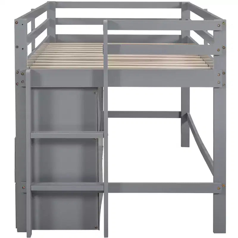 Twin Size Low Loft Bed for Kids, Wood Twin Loft Bed with Storage Drawers, Underneath Cabinet and Shelves