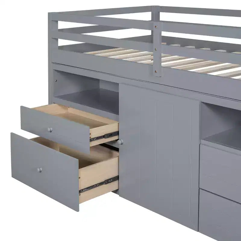 Twin Size Low Loft Bed for Kids, Wood Twin Loft Bed with Storage Drawers, Underneath Cabinet and Shelves