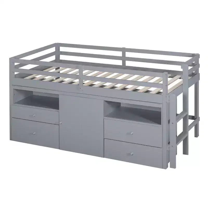 Twin Size Low Loft Bed for Kids, Wood Twin Loft Bed with Storage Drawers, Underneath Cabinet and Shelves