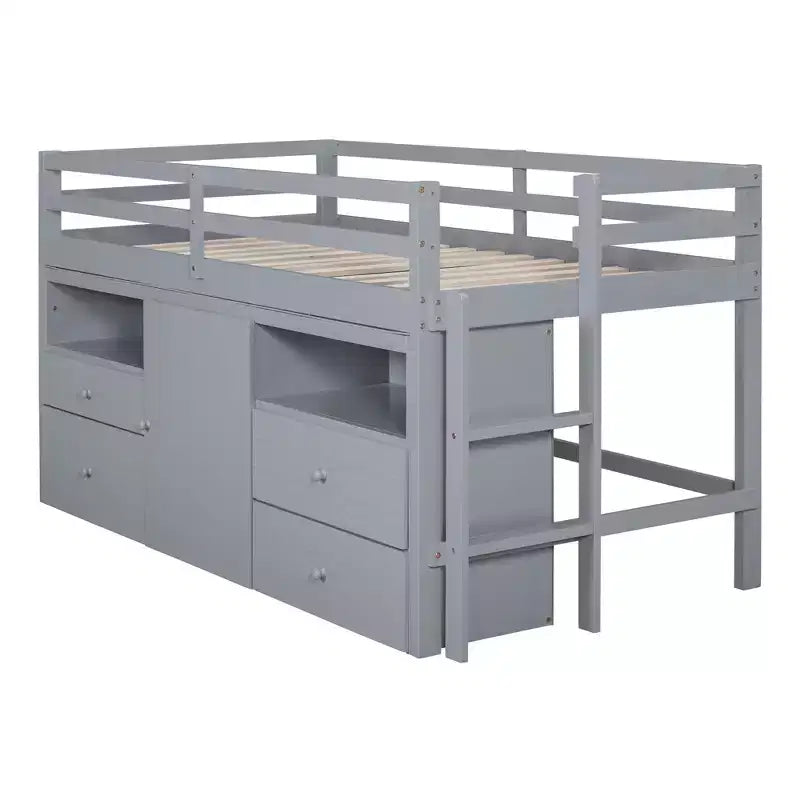 Twin Size Low Loft Bed for Kids, Wood Twin Loft Bed with Storage Drawers, Underneath Cabinet and Shelves