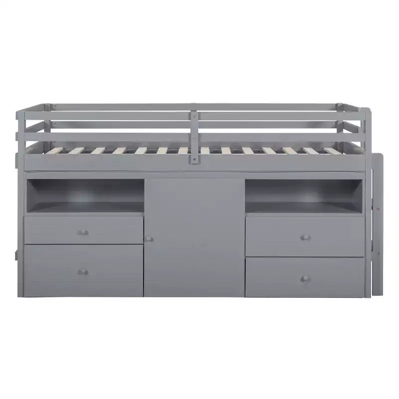 Twin Size Low Loft Bed for Kids, Wood Twin Loft Bed with Storage Drawers, Underneath Cabinet and Shelves