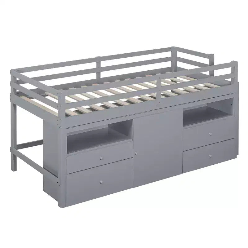 Twin Size Low Loft Bed for Kids, Wood Twin Loft Bed with Storage Drawers, Underneath Cabinet and Shelves