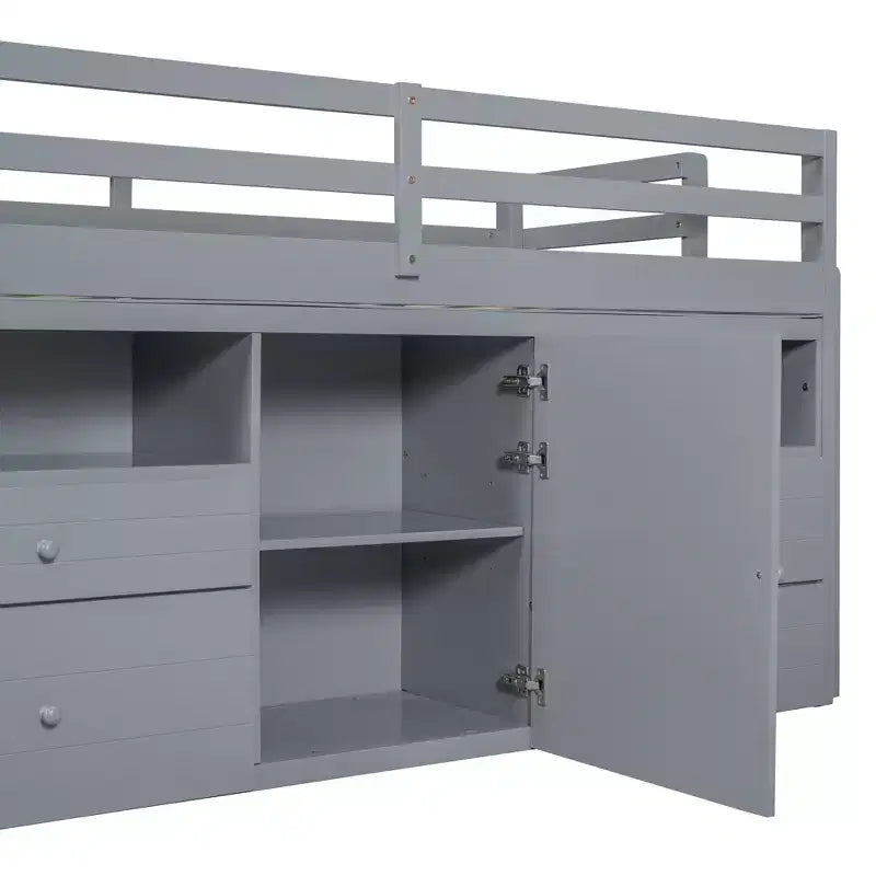 Twin Size Low Loft Bed for Kids, Wood Twin Loft Bed with Storage Drawers, Underneath Cabinet and Shelves