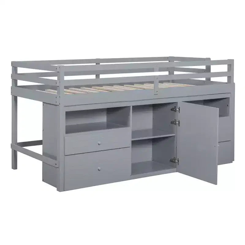 Twin Size Low Loft Bed for Kids, Wood Twin Loft Bed with Storage Drawers, Underneath Cabinet and Shelves