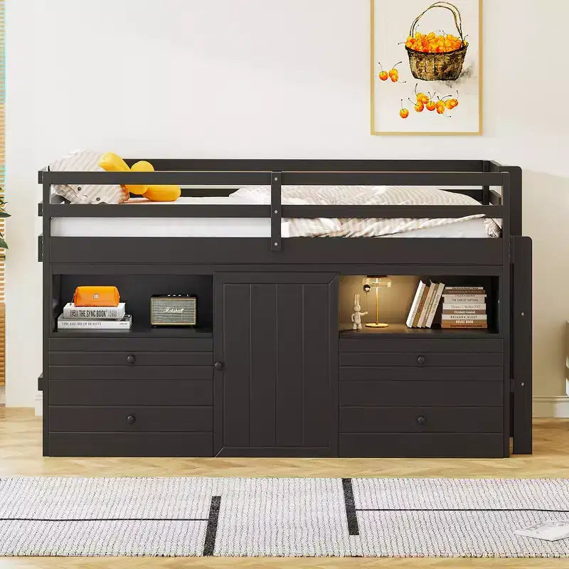 Twin Size Low Loft Bed for Kids, Wood Twin Loft Bed with Storage Drawers, Underneath Cabinet and Shelves