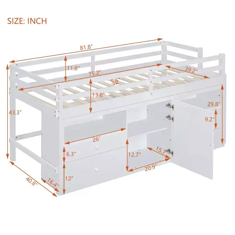 Twin Size Low Loft Bed for Kids, Wood Twin Loft Bed with Storage Drawers, Underneath Cabinet and Shelves
