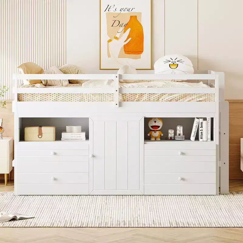 Twin Size Low Loft Bed for Kids, Wood Twin Loft Bed with Storage Drawers, Underneath Cabinet and Shelves