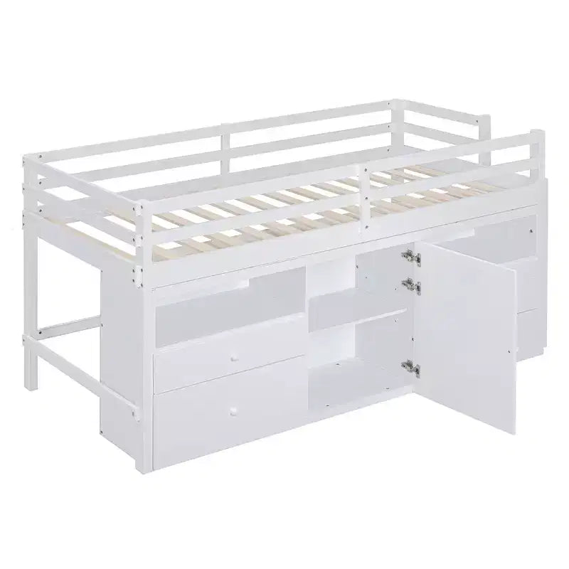 Twin Size Low Loft Bed for Kids, Wood Twin Loft Bed with Storage Drawers, Underneath Cabinet and Shelves
