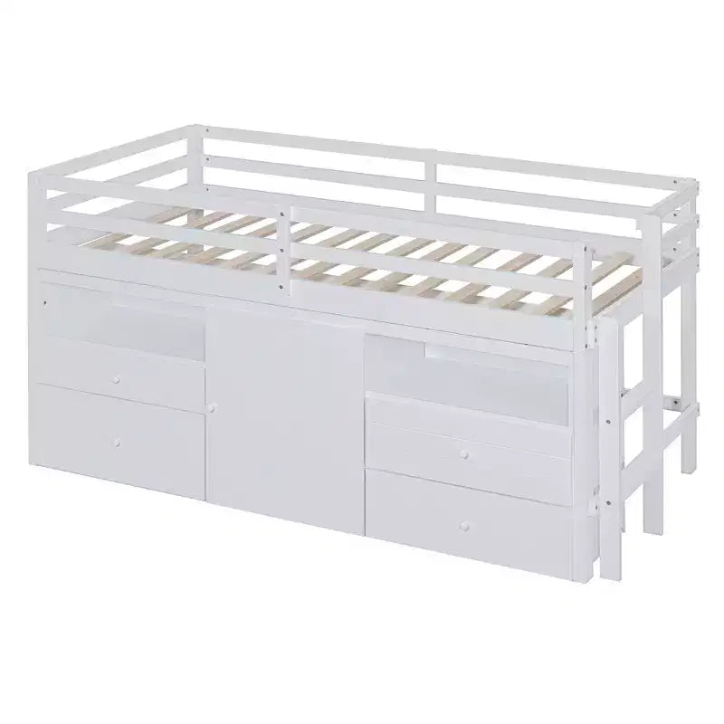 Twin Size Low Loft Bed for Kids, Wood Twin Loft Bed with Storage Drawers, Underneath Cabinet and Shelves