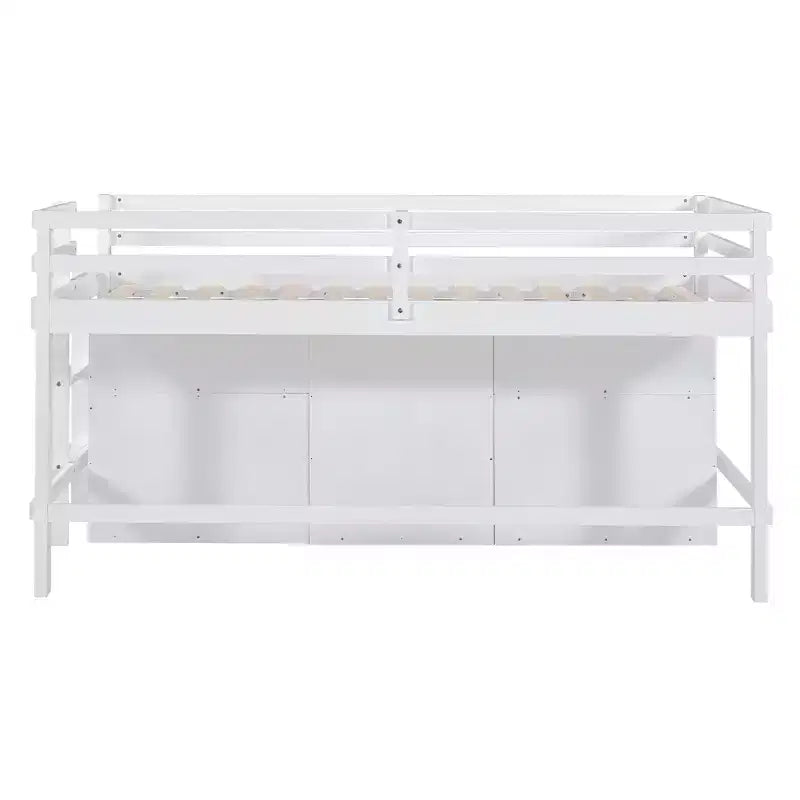 Twin Size Low Loft Bed for Kids, Wood Twin Loft Bed with Storage Drawers, Underneath Cabinet and Shelves