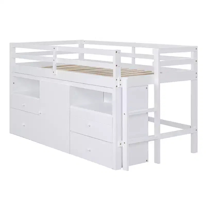Twin Size Low Loft Bed for Kids, Wood Twin Loft Bed with Storage Drawers, Underneath Cabinet and Shelves