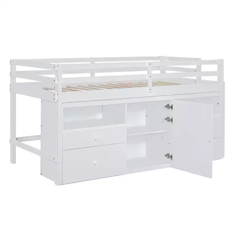 Twin Size Low Loft Bed for Kids, Wood Twin Loft Bed with Storage Drawers, Underneath Cabinet and Shelves
