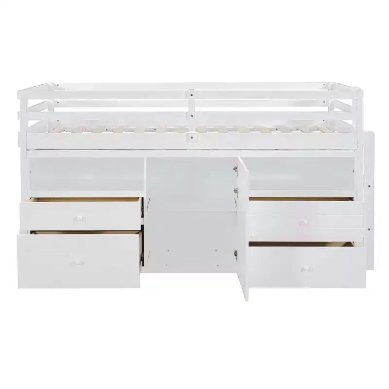 Twin Size Low Loft Bed for Kids, Wood Twin Loft Bed with Storage Drawers, Underneath Cabinet and Shelves