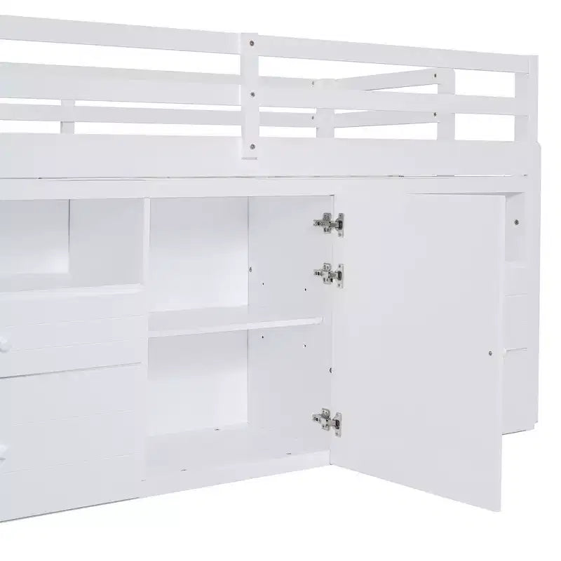 Twin Size Low Loft Bed for Kids, Wood Twin Loft Bed with Storage Drawers, Underneath Cabinet and Shelves