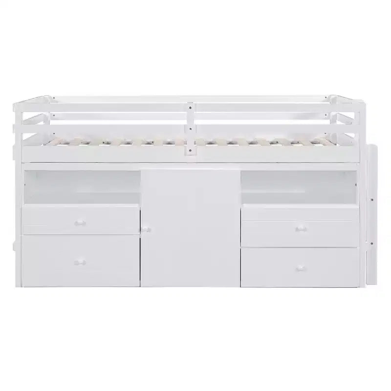 Twin Size Low Loft Bed for Kids, Wood Twin Loft Bed with Storage Drawers, Underneath Cabinet and Shelves
