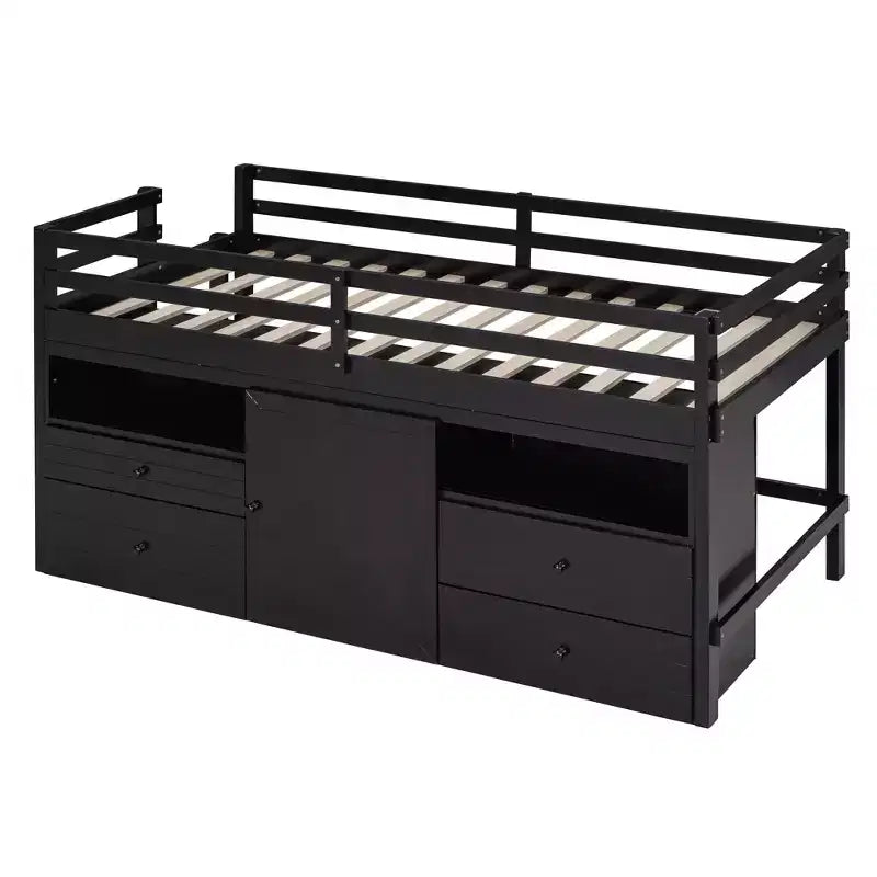 Twin Size Low Loft Bed for Kids, Wood Twin Loft Bed with Storage Drawers, Underneath Cabinet and Shelves
