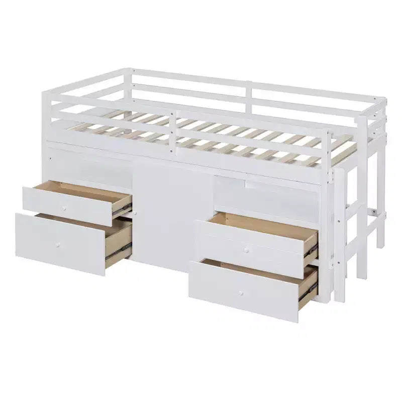 Twin Size Low Loft Bed for Kids, Wood Twin Loft Bed with Storage Drawers, Underneath Cabinet and Shelves