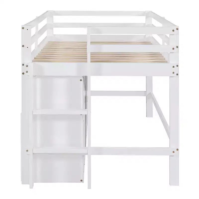 Twin Size Low Loft Bed for Kids, Wood Twin Loft Bed with Storage Drawers, Underneath Cabinet and Shelves