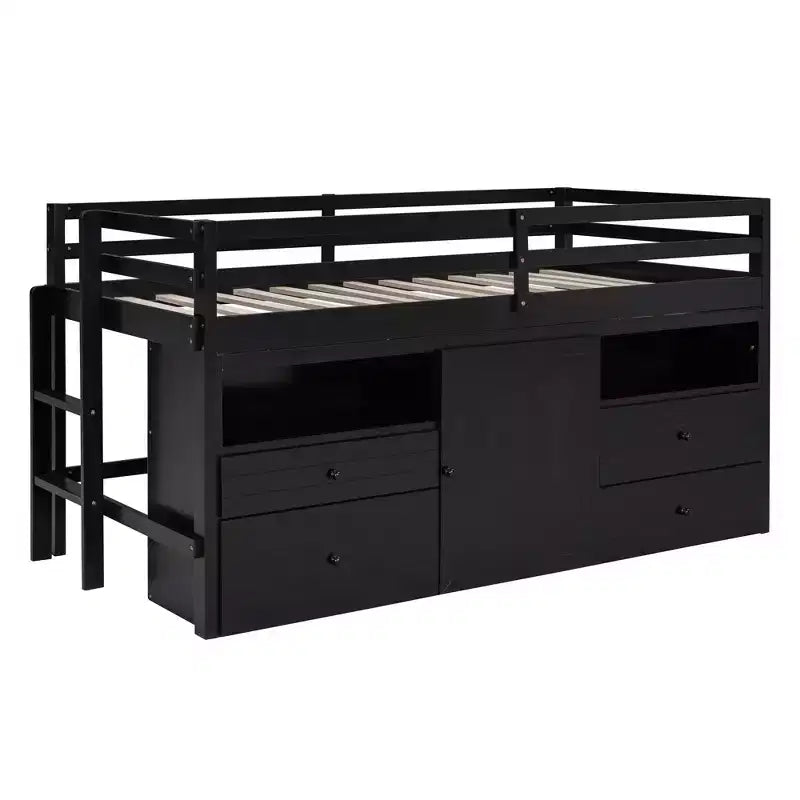 Twin Size Low Loft Bed for Kids, Wood Twin Loft Bed with Storage Drawers, Underneath Cabinet and Shelves