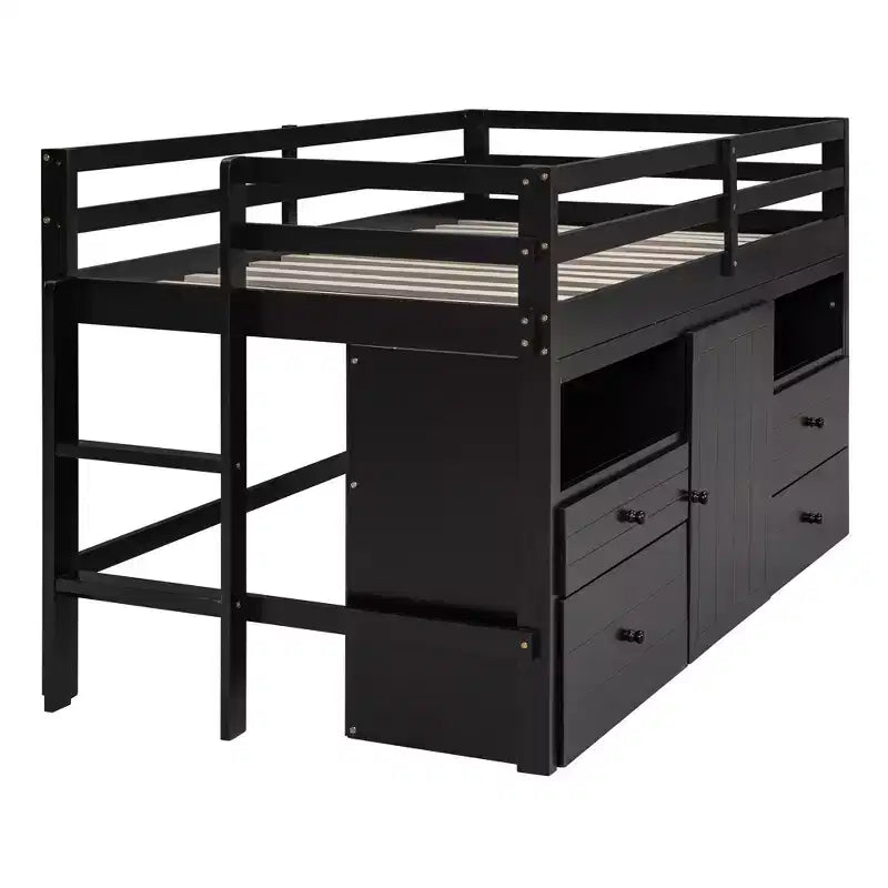 Twin Size Low Loft Bed for Kids, Wood Twin Loft Bed with Storage Drawers, Underneath Cabinet and Shelves