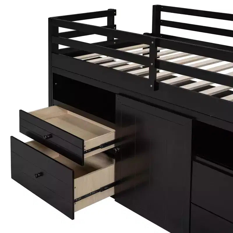 Twin Size Low Loft Bed for Kids, Wood Twin Loft Bed with Storage Drawers, Underneath Cabinet and Shelves