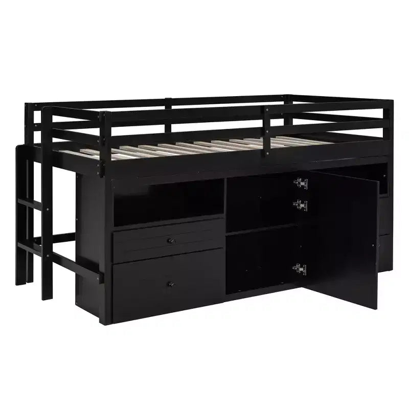Twin Size Low Loft Bed for Kids, Wood Twin Loft Bed with Storage Drawers, Underneath Cabinet and Shelves