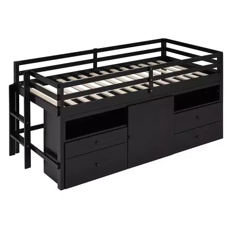 Twin Size Low Loft Bed for Kids, Wood Twin Loft Bed with Storage Drawers, Underneath Cabinet and Shelves