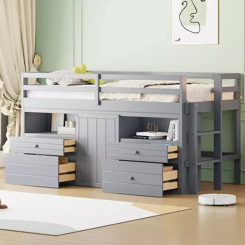 Twin Size Low Loft Bed for Kids, Wood Twin Loft Bed with Storage Drawers, Underneath Cabinet and Shelves