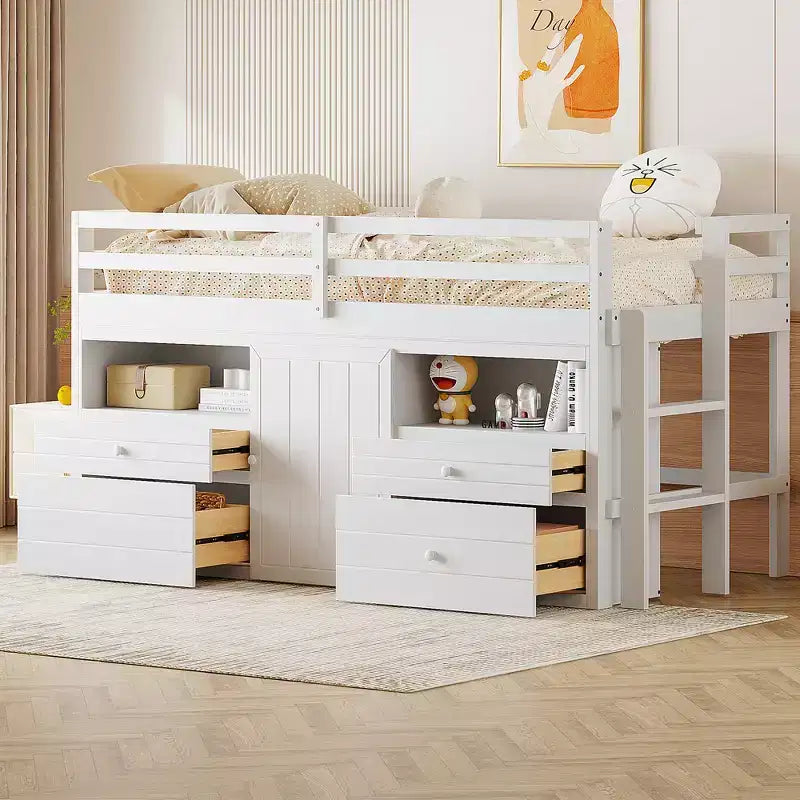 Twin Size Low Loft Bed for Kids, Wood Twin Loft Bed with Storage Drawers, Underneath Cabinet and Shelves