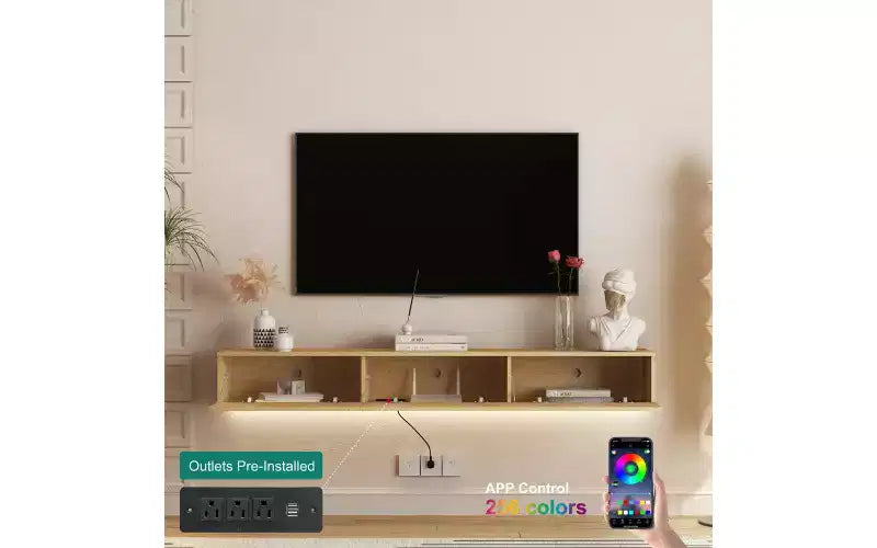 68.8 Floating TV Stand Wall Mounted with 16 Color LEDs,69 Modern TV Stand, Floating TV Cabinet Entertainment Center for 55 60 65 Inch TV, Wood
