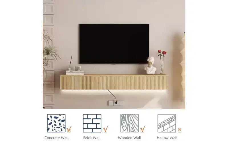 68.8 Floating TV Stand Wall Mounted with 16 Color LEDs,69 Modern TV Stand, Floating TV Cabinet Entertainment Center for 55 60 65 Inch TV, Wood