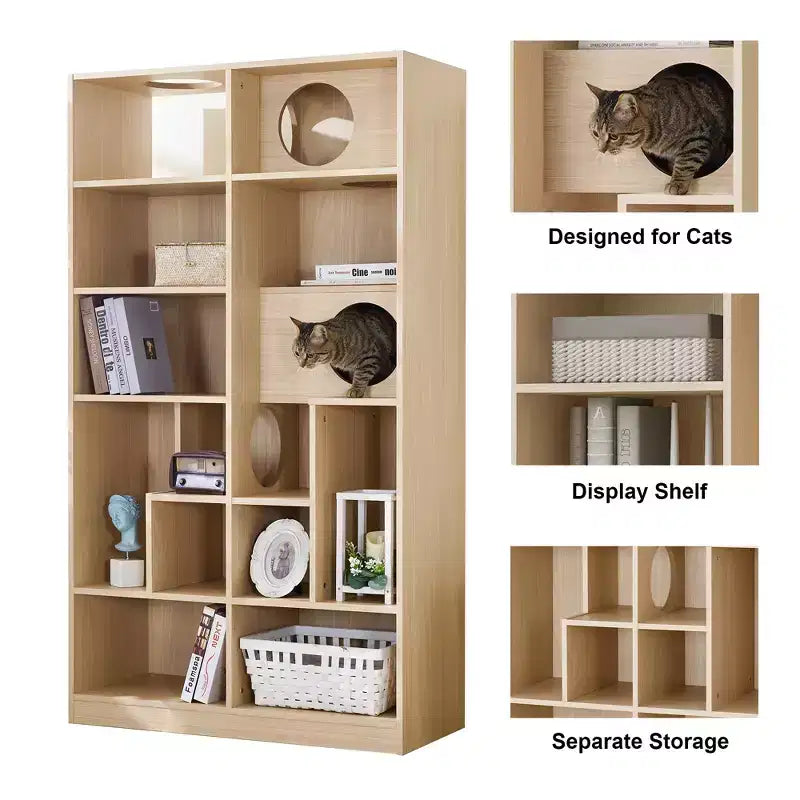 2 in 1 Bookshelf Cat House Cat Tree Display Case Cat Litter Box Enclosure Climbing Shelf Bookcase Storage Rack, Natural - ModernLuxe