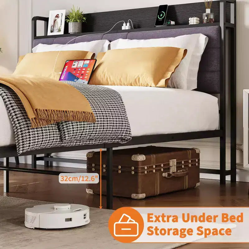Full Bed Frame with Headboard, Black Platform Bed Frame with Storage, Heavy Duty Bed Frames with 2 Storage Drawers,No Box Spring Needed