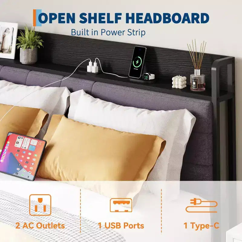Full Bed Frame with Headboard, Black Platform Bed Frame with Storage, Heavy Duty Bed Frames with 2 Storage Drawers,No Box Spring Needed