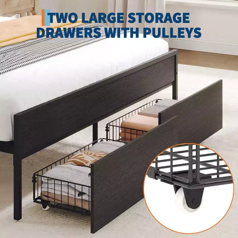 Full Bed Frame with Headboard, Black Platform Bed Frame with Storage, Heavy Duty Bed Frames with 2 Storage Drawers,No Box Spring Needed