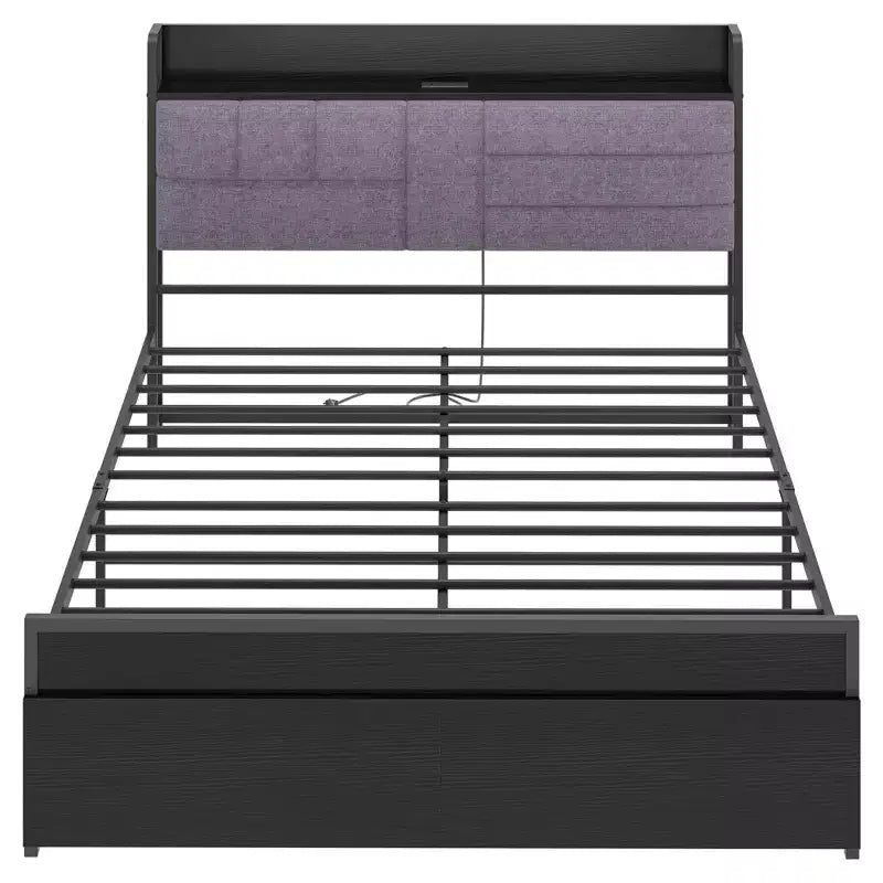 Full Bed Frame with Headboard, Black Platform Bed Frame with Storage, Heavy Duty Bed Frames with 2 Storage Drawers,No Box Spring Needed