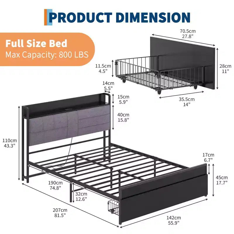Full Bed Frame with Headboard, Black Platform Bed Frame with Storage, Heavy Duty Bed Frames with 2 Storage Drawers,No Box Spring Needed