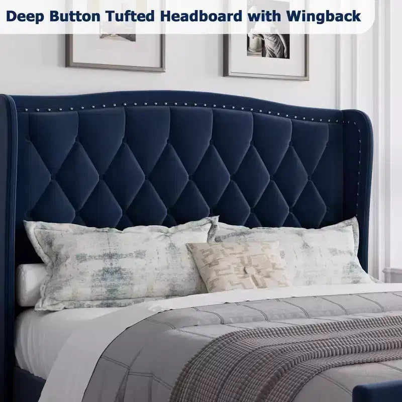 Bed Frame, Platform Bed with Velvet Upholstered Wingback Headboard - Wooden Slat Support, No Box Spring Needed, Easy Assembly