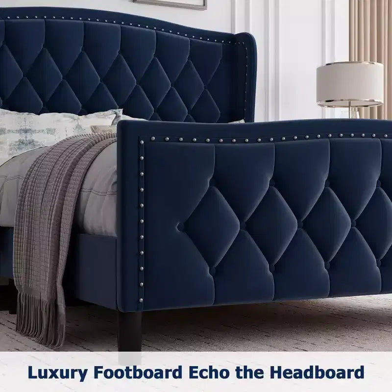 Bed Frame, Platform Bed with Velvet Upholstered Wingback Headboard - Wooden Slat Support, No Box Spring Needed, Easy Assembly