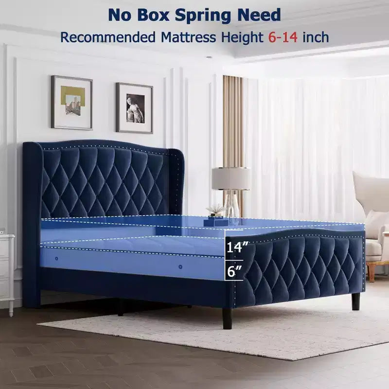 Bed Frame, Platform Bed with Velvet Upholstered Wingback Headboard - Wooden Slat Support, No Box Spring Needed, Easy Assembly