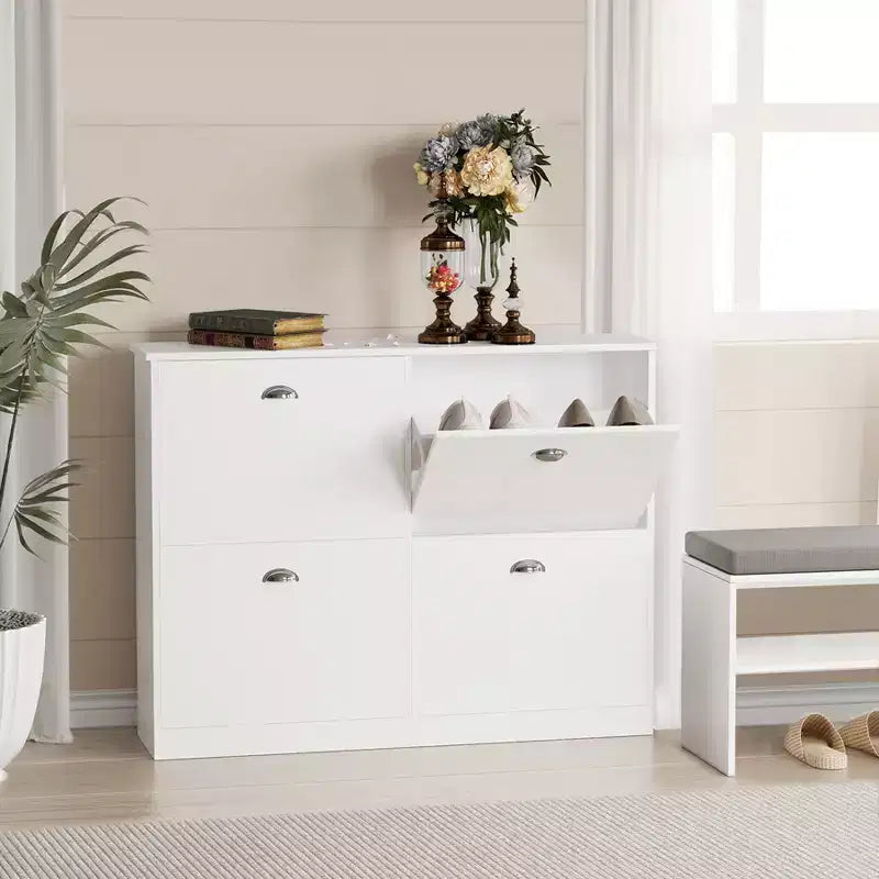 Shoe Cabinet Hidden Slim Narrow Shoe Rack Cabinet with 4 Drawers for Hallway White