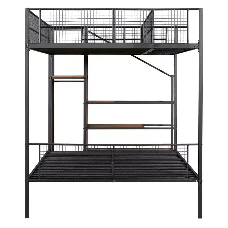 Twin over Full Size Metal Bunk Bed with Storage Staircase, Heavy Duty Steel Bed Frame with Shelving and Open Wardrobe for Teens Adults