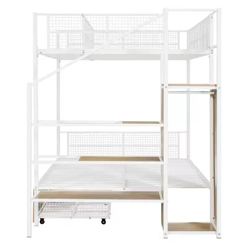 Twin over Full Size Metal Bunk Bed with Storage Staircase, Heavy Duty Steel Bed Frame with Shelving and Open Wardrobe for Teens Adults