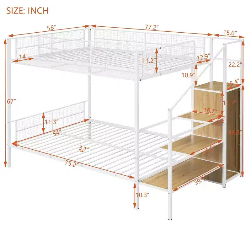 Twin over Full Size Metal Bunk Bed with Storage Staircase, Heavy Duty Steel Bed Frame with Shelving and Open Wardrobe for Teens Adults
