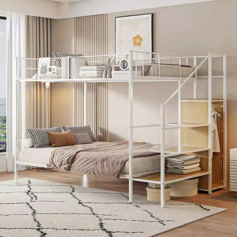 Twin over Full Size Metal Bunk Bed with Storage Staircase, Heavy Duty Steel Bed Frame with Shelving and Open Wardrobe for Teens Adults