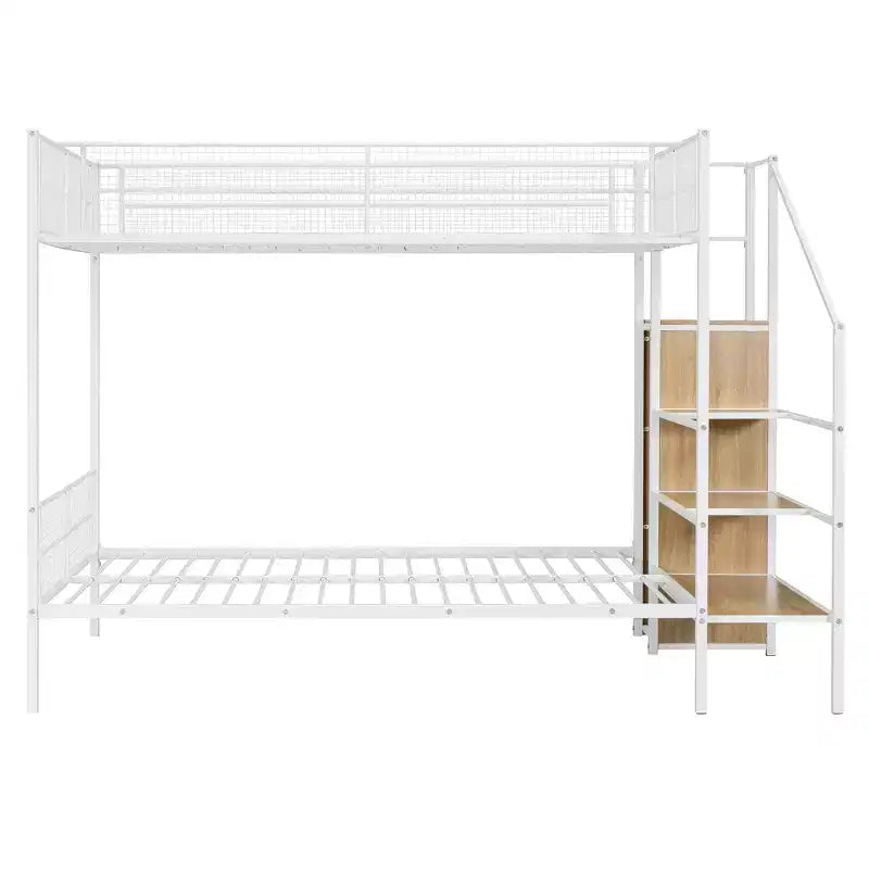 Twin over Full Size Metal Bunk Bed with Storage Staircase, Heavy Duty Steel Bed Frame with Shelving and Open Wardrobe for Teens Adults
