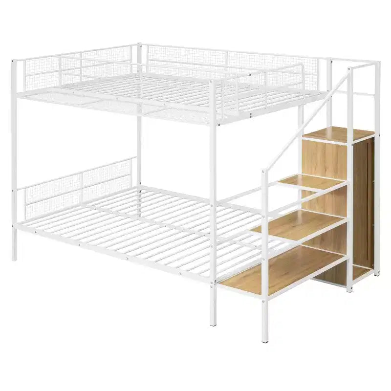 Twin over Full Size Metal Bunk Bed with Storage Staircase, Heavy Duty Steel Bed Frame with Shelving and Open Wardrobe for Teens Adults