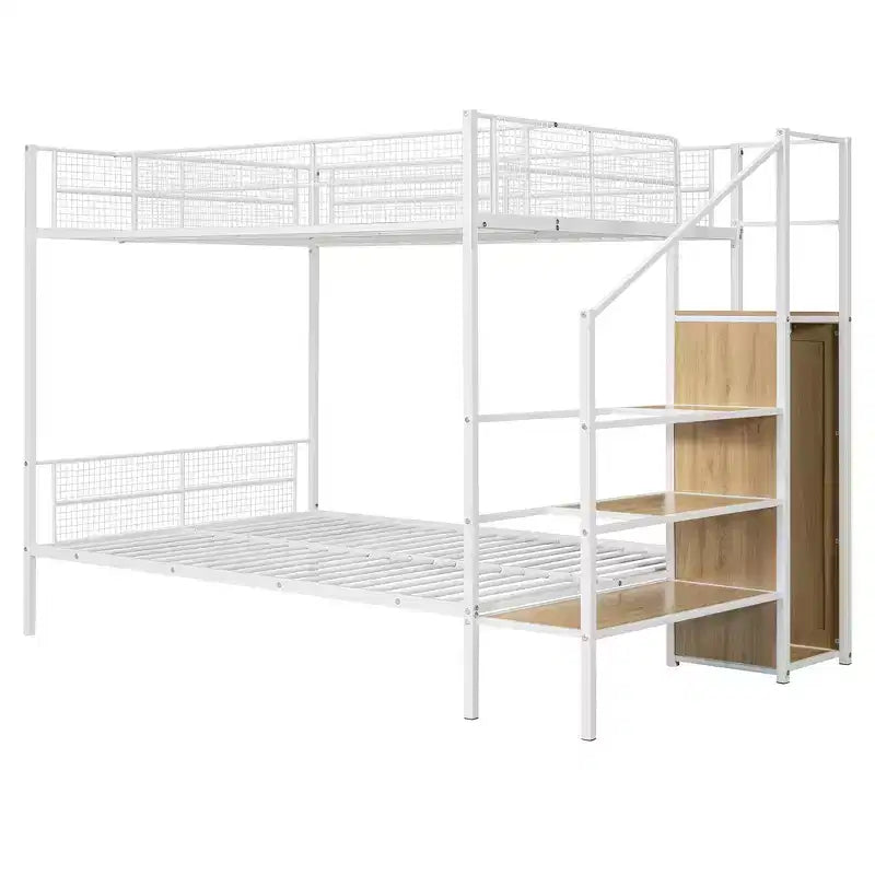 Twin over Full Size Metal Bunk Bed with Storage Staircase, Heavy Duty Steel Bed Frame with Shelving and Open Wardrobe for Teens Adults